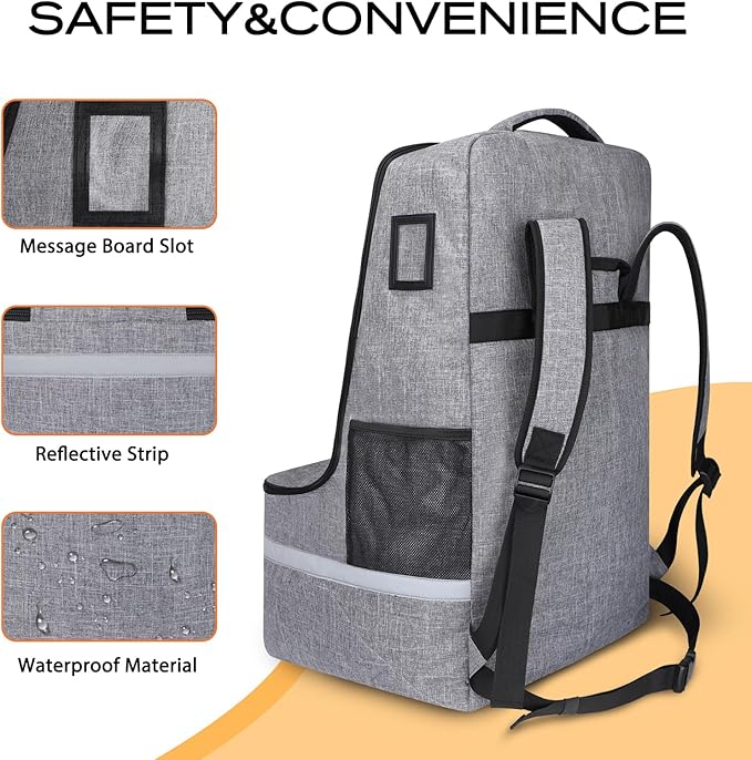 LARIPOP Car Seat Travel Bag for Airplane,Infant Seat Travel Bag with Shoulder Strap,Padded Car Seats Backpack with Reflective Stripes,Large Carseat Carrier Bag Travel Car Seat Cover,Grey