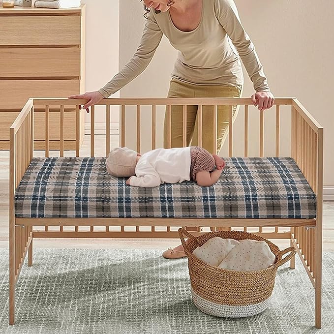 Brown Plaid Checkered Fitted Crib Sheet for Boys Girls Geometric Gingham Baby Sheet for Standard Crib and Toddler Rustic Patch Nursery Bed Mattress Sheets 28"x52"