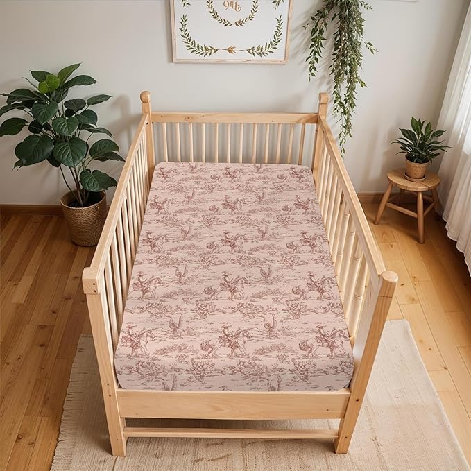 Vintage Pink Cowgirl Cactus Baby Crib Sheets for Boy Girl 52"x28" Western Cowgirl Love Soft Stretchy Fitted Crib Mattress Cover Wild Desert Baby Sheet for Standard Crib & Toddler Mattress Pads