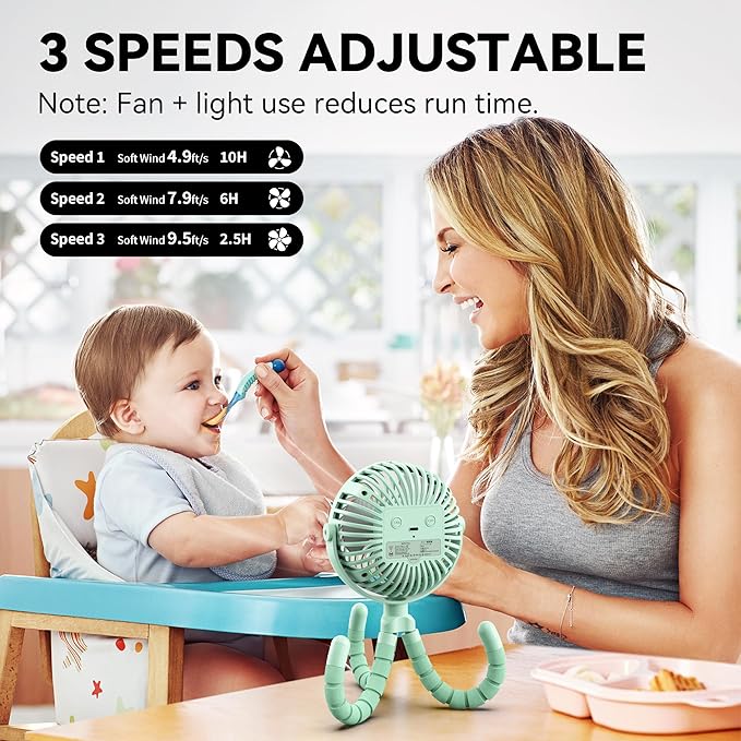 AMACOOL Battery Operated Stroller Fan Flexible Tripod Clip On Fan with 3 Speeds and Rotatable Handheld Personal Fans for Car Seat Crib Bike Treadmill (Green)