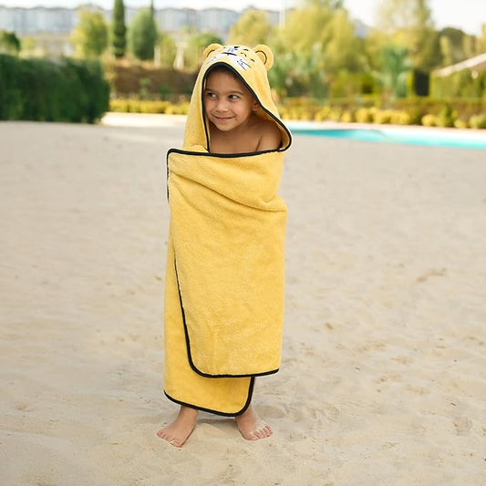 BAGNO MILANO Kids Organic Turkish Cotton Hooded Beach Cover-Up Towel, GOTS Certified, for Boys and Girls (Tiger Yellow, 24"x48"+8"/Hooded Towel)