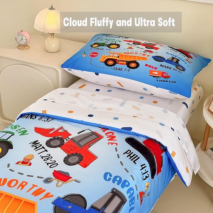 4 Piece Toddler Bedding Set for Boys,Cars Construction Toddler Bed Comforter Set Includes Comforter,Flat Sheet,Fitted Sheet and Pillowcase,Christan Trucks Tractors Bed in A Bag for Kids Bedroom
