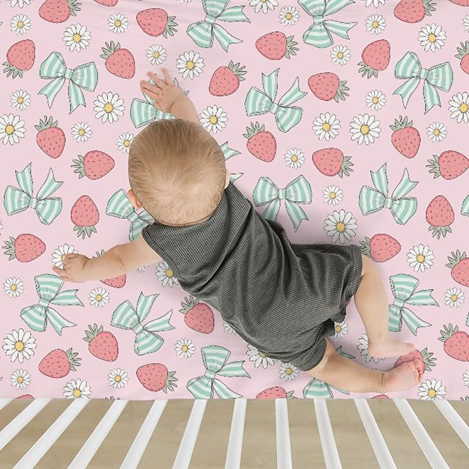 Pink Strawberry Green Bows Daisy Baby Crib Sheets for Boy Girl 52x28Inch Strawberries Bows Soft Stretchy Fitted Crib Mattress Covers Cute Summer Fruit Baby Sheet for Standard Crib & Toddler Mattress