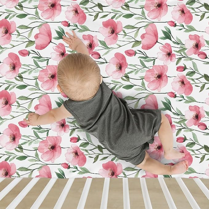 Watercolor Red Poppies Baby Crib Sheets for Boy Girl 28"x52" Vintage Poppies Flowers Soft Stretchy Fitted Crib Mattress Cover Spring Summer Baby Sheet Fits for Standard Crib and Toddler Mattress