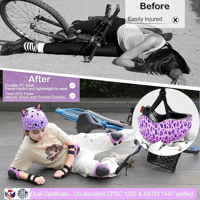 Kids Helmet, Bike Helmets for Kids 8-14 with Knee Pads and Elbow Pads Wrist Guards, Adjustable Youth Girls Bike Helmet with DIY Cat Ears Skateboard Helmet for Scooter Skating Cycling
