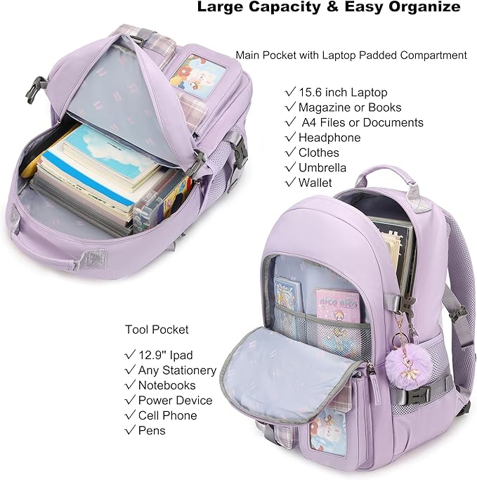 KIDNUO Backpack for Girls, 15.6 Inch Laptop School Bag Kids Kindergarten Elementary College Backpacks Large Bookbags for Teen Girl Women Students Casual Travel Daypacks (Purple)