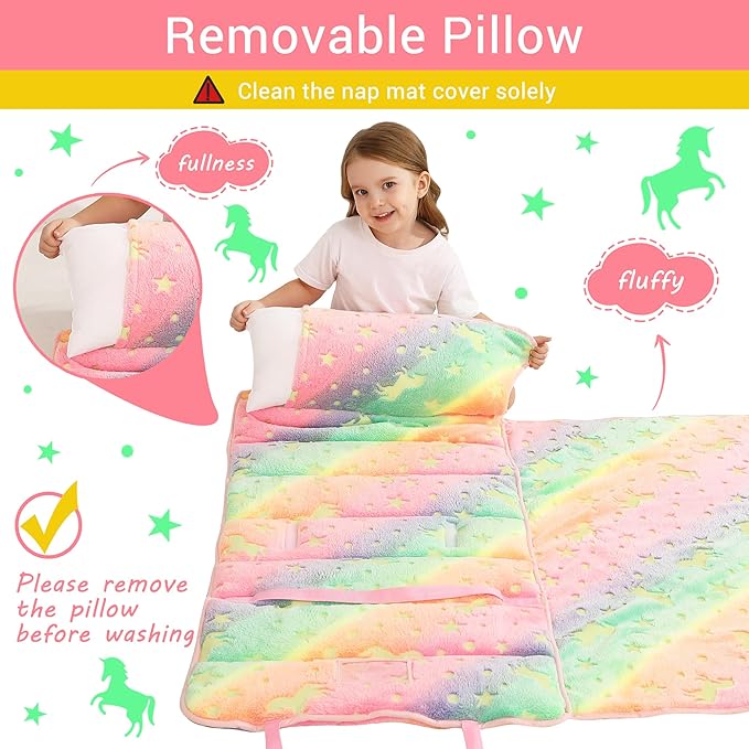 Toddler Nap Mat with Pillow and Blanket, Extra Large Rolled Napping Mats,Slumber Bags for Boys Girls,Kids Sleeping Bag for Daycare, Preschool Travel Camping