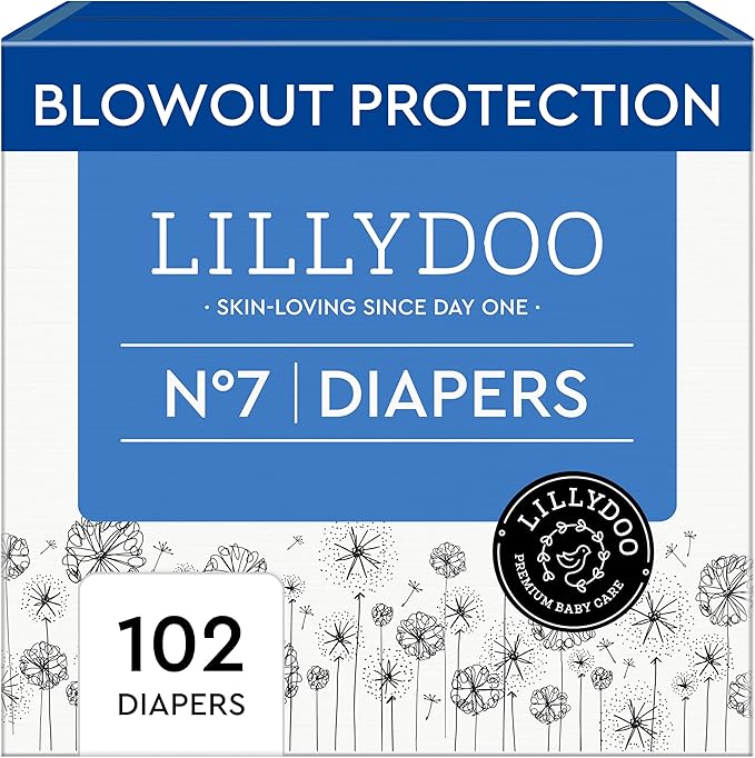 LILLYDOO Baby Diapers - Size 7 (33+ lbs), Monthly Supply (102 Count), Leak Protection, Skin-Friendly, Ultrasoft, Perfume- & Chlorine-Free, Hypoallergenic, Dermatologist Tested, Oeko-TEX®