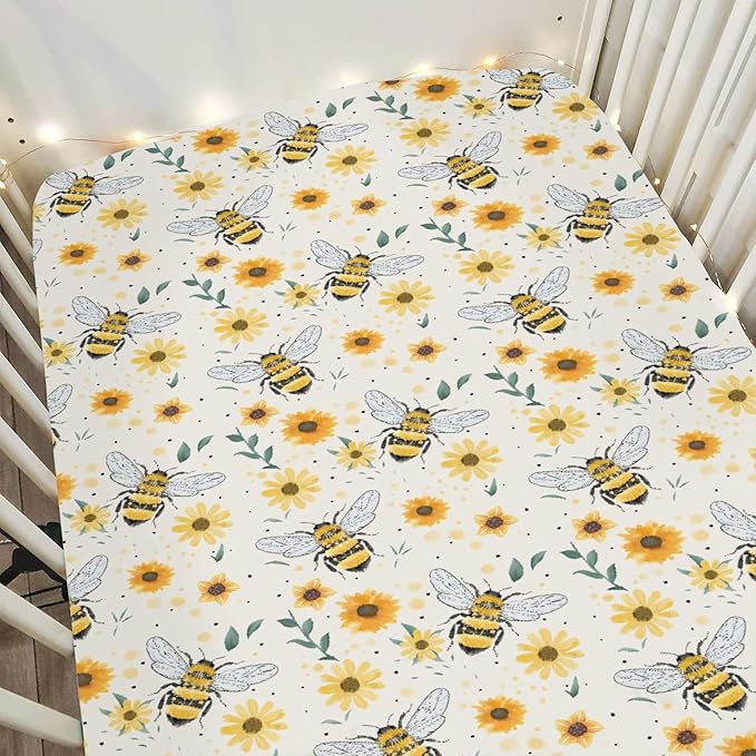 Boho Bees Sunflowers Baby Crib Sheets for Boy Girl 52"x28" Watercolor Bee Yellow Floral Soft Snug Fitted Crib Mattress Cover Spring Summer Baby Sheet for Standard Crib & Toddler Bed Mattress