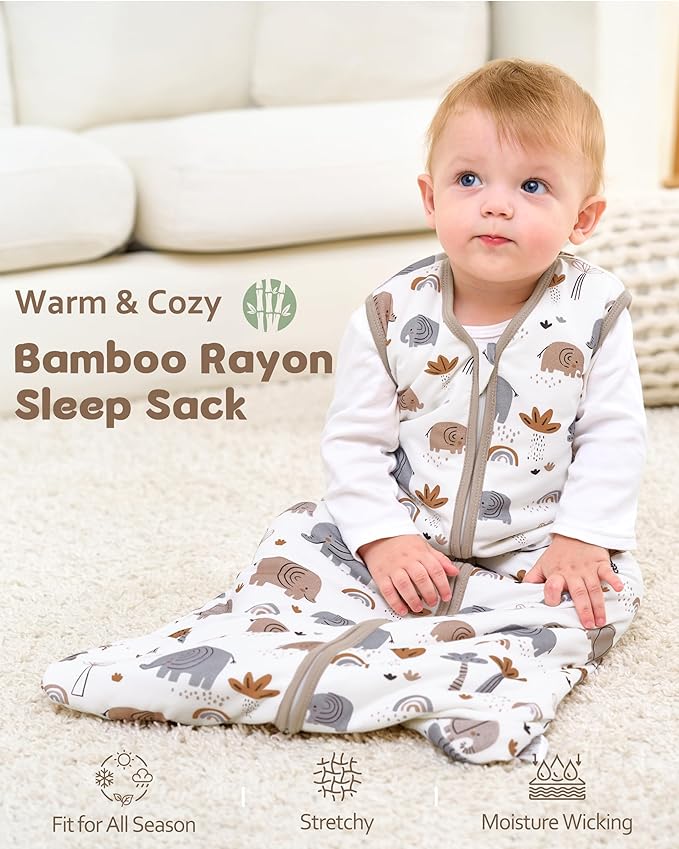 Rayon Made from Bamboo Baby Sleep Sack 0-6 Months, 1.0 Tog Baby Wearable Blanket, Soft Sleeping Bag for Newborn Infant Babies with 2-Way Zipper 2 Pack (Small) Grey Elephant
