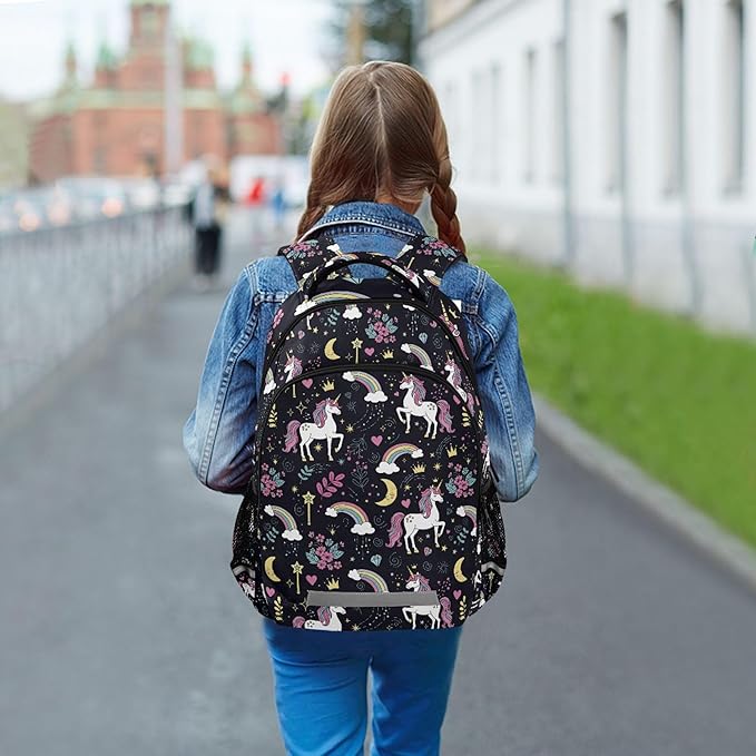 MNSRUU School Backpack with Chest Strap, Cute Unicorn Rainbow And Diamond Purple Laptop Backpack, Travel Hiking Backpack for Boys Girls, Rucksack, Knapsack One Size