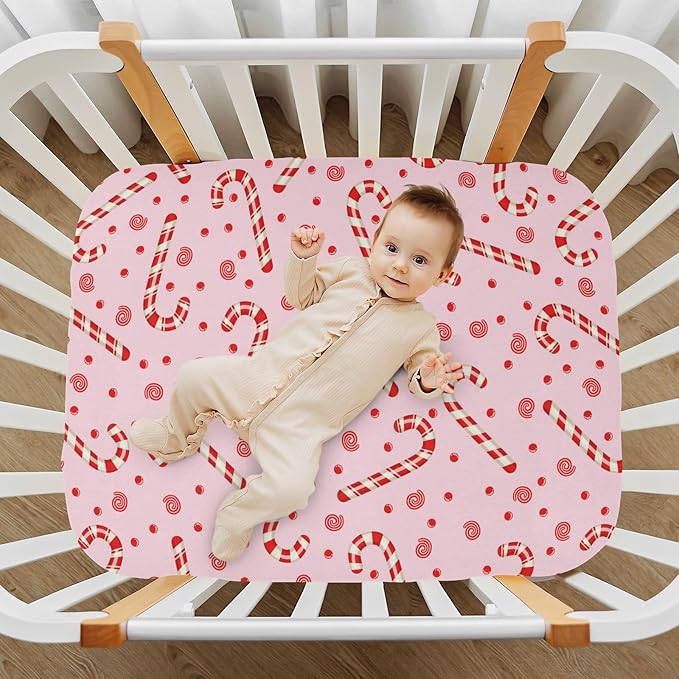 Candy Cane Christmas Pink Crib Sheets Soft Breathable Fitted Baby Playard Sheets Mattress Cover for Girl Boys, 39" x 27" x 5"