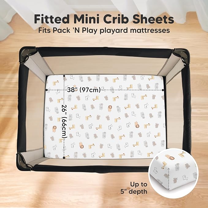 2 Pack and Play Sheets, Waterproof Mini Crib Sheets Fitted - 38x26 Organic Cotton Pack N Play Sheets for Graco Pack and Play Mattress, Playard Baby Crib Sheets,Neutral for Boy,Girl,Toddler(KeaSafari)