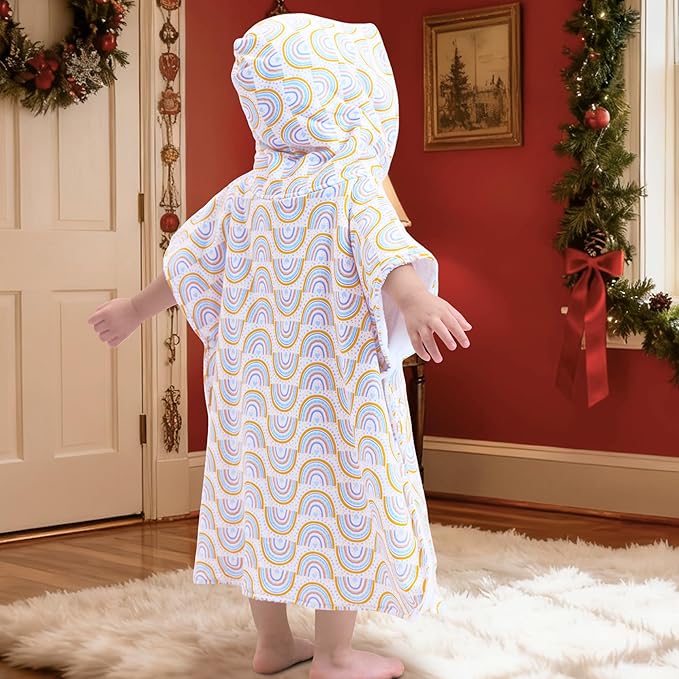 VOOVA & MOVAS Double-Layered Toddler Poncho Towel with Hood (2-4 Years, 20x21 Inches) | Ultra Soft & Absorbent Cotton | Thick Baby Bath Towel for Swimming, Beach, Shower & Winter, Rainbow
