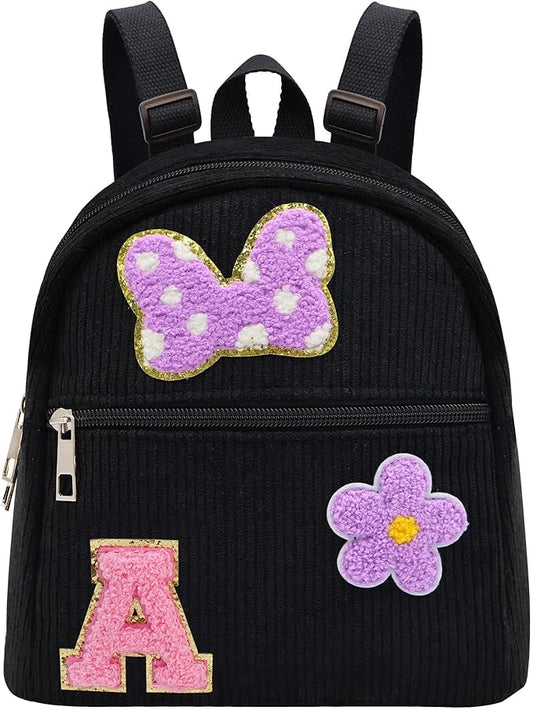 2 3 4 5 6 Year Old Girl Gifts Chenille Initial Mouse Bow Mini Backpack, Corduroy Toddler Backpacks Christmas Birthday Gifts for Girls 2-4 5-6, Black Mini Diaper Bag Must Haves for Park Travel Letter A