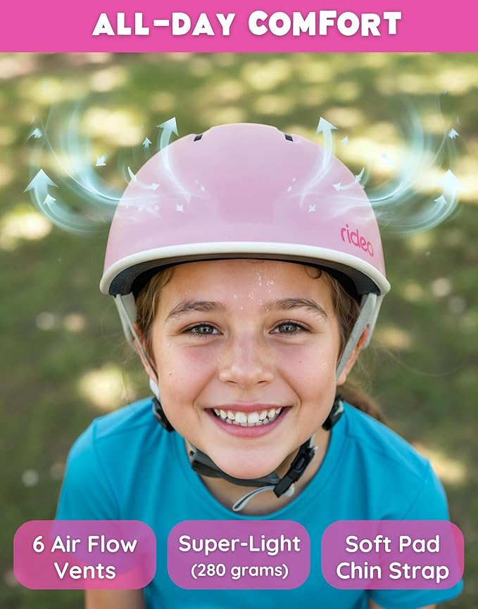 Rideo Kids Bike Helmet for Kids 3-5, Advanced Safety Girls Helmet, Adjustable & Multi-Sport, Patented Safety Buckle, Toddler to Youth
