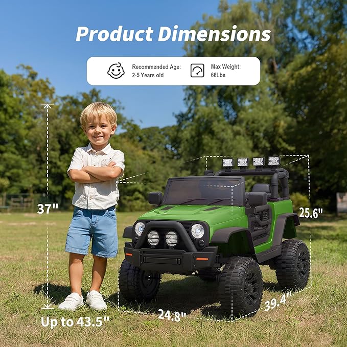 Kids Ride on Car Toy, 12V Electric Car for Kids with Remote Control, LED Light - Army Green