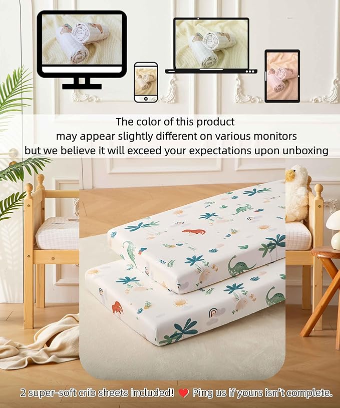 SDY Jersey Dinosaur Crib Sheets for Baby Boys and Girls,52”x28”x8, 2 Pack, Cute Kawaii Standard Oval/Retangle Fitted Crib Sheets for Toddler,Super Soft Breathable