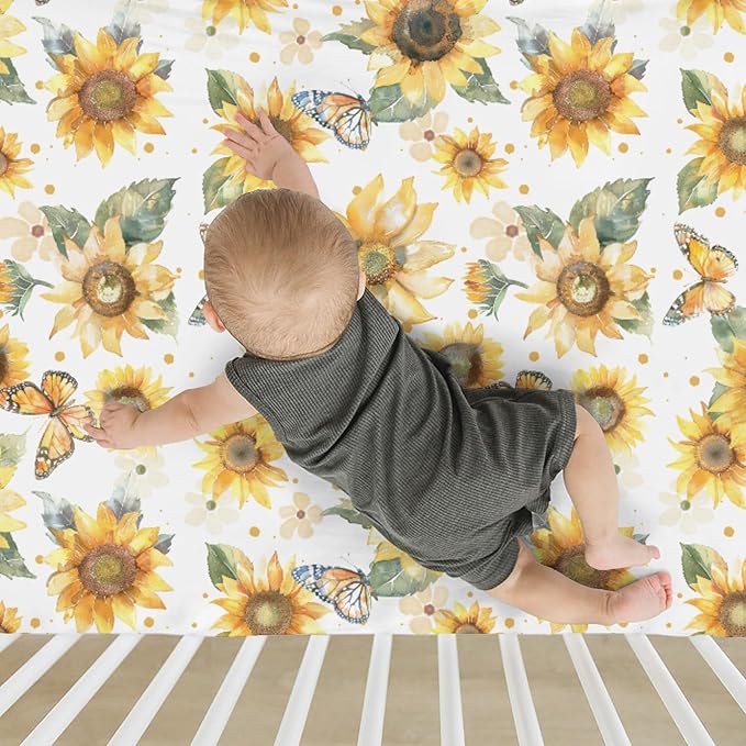Boho Sunflowers Butterflies Baby Crib Sheets for Boy Girl 52x28Inch Yellow Sunflower Leaves Soft Snug Fitted Crib Mattress Cover Spring Summer Baby Sheet for Standard Crib and Toddler Bed Mattress