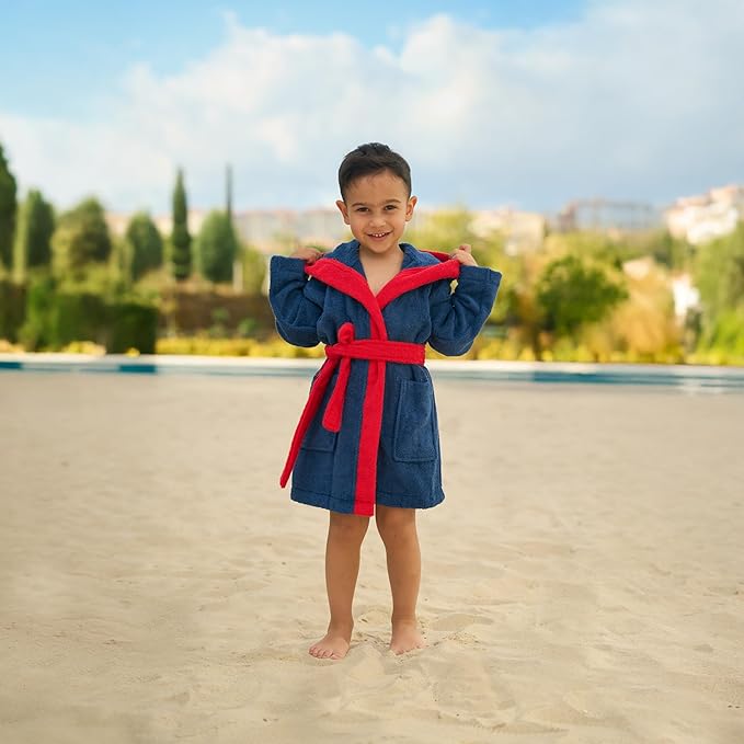 BAGNO MILANO Kids Organic Turkish Cotton Hooded Beach Cover-Up Towel, GOTS Certified, for Boys and Girls (Driver Navy, 7-8 Years)