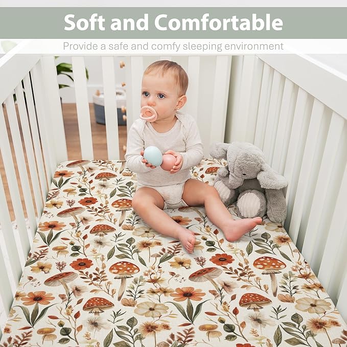 Boho Mushroom Floral Leaves Baby Crib Sheets for Boy Girl 28"x52" Vintage Mushrooms Soft Stretchy Fitted Crib Mattress Cover Retro Mushroom Nursery Baby Sheet for Standard Crib and Toddler Mattress