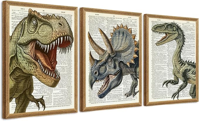 Ovczax 3 Pieces Dinosaur Canvas Wall Art - Tyrannosaurus Rex, Triceratops, Velociraptor Decor For Kids Room Game Room, Living Room, Bedroom 16" x 12"With Framed