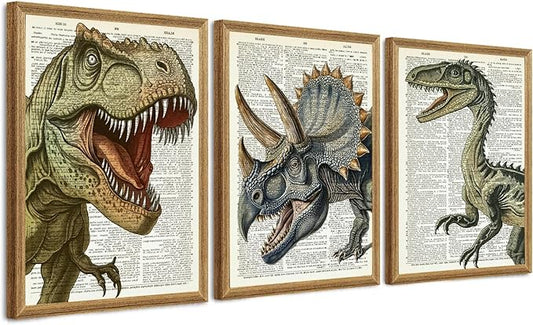 Ovczax 3 Pieces Dinosaur Canvas Wall Art - Tyrannosaurus Rex, Triceratops, Velociraptor Decor For Kids Room Game Room, Living Room, Bedroom 16" x 12"With Framed