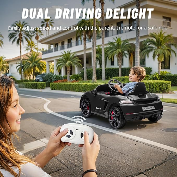 First Ride On Licensed Porsche 718 12V Electric Car for Kids, Ride on Toys for Toddler, Child Ride on Car w/Parent Remote, Led Lights, Openable Doors, MP3 Player, Smooth Start, 3 Speeds (Black)
