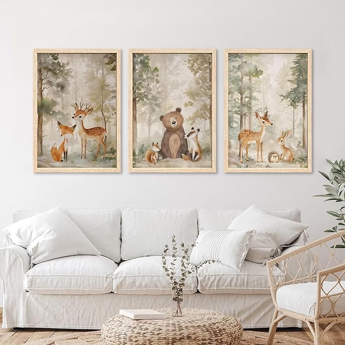 ICHZUMW Woodland Nursery Decor Wall Art Set of 3, Cute Forest Friend Animal Canvas Prints Bear Fox Deer Pictures, Nature Watercolor Paintings, Baby Room Kids Bedroom Playroom, Neutral Artwork 16x24in