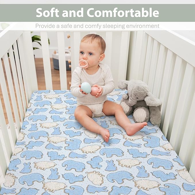 Blue Animal Cookie Baby Crib Sheets for Boy Girl 52"x28" Cute Frosted Animal Cookie Soft Snug Fitted Crib Mattress Cover Circus Animal Biscuits Baby Sheet for Standard Crib & Toddler Bed Mattress