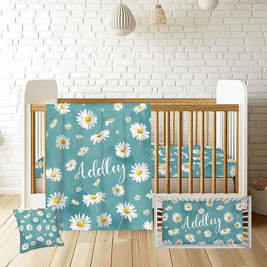 Personalized Daisy Crib Bedding Set for Girls – Custom Name 3-Piece Nursery Bedding with Blanket, Fitted Crib Sheet & Pillowcase – Soft Baby Bedding for Newborn Infant Toddler