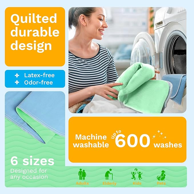 GREEN LIFESTYLE® Washable Underpads - Heavy Absorbency Reusable Bedwetting Incontinence Pads for Kids, Adults, Elderly, and Pets - Toddler Mattress Pads for Bed, Sofa, Couch, Floor (Pack of 2 - 41x41)
