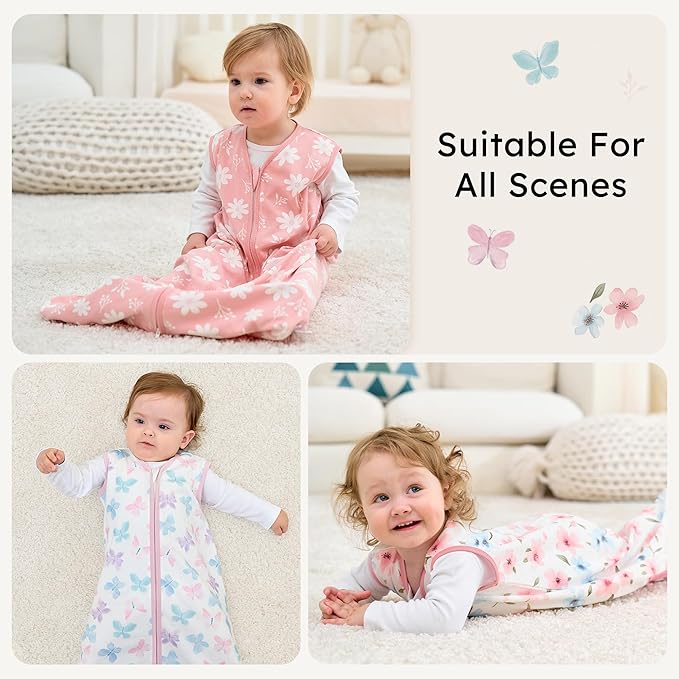 Baby Sleep Sack 12-18 months, 100% Cotton Sleeping Sack for Toddler, 3 Pack Baby Wearable Blanket, 0.5 Tog Lightweight Double Zipper Sleep Bag Large Pink Butterfly Flower