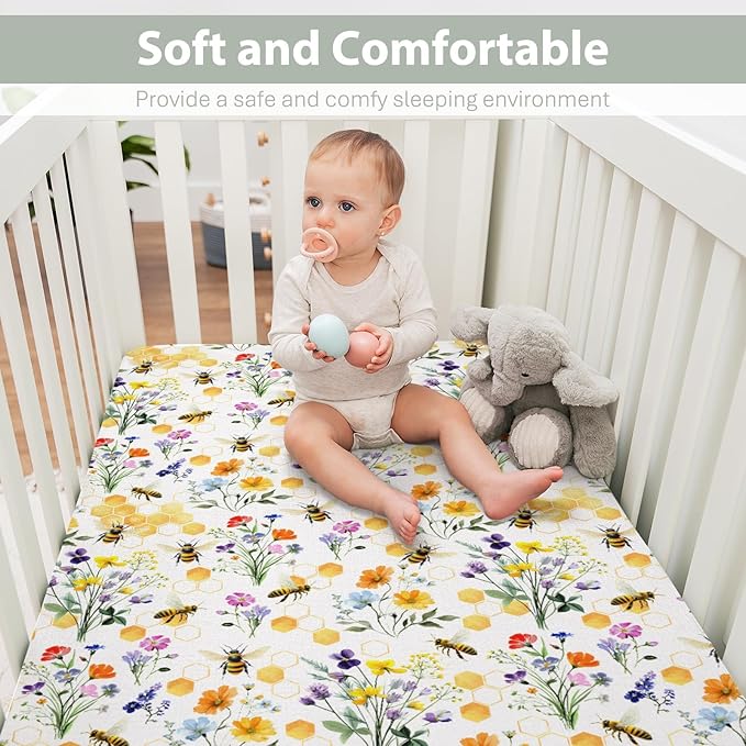 Boho Wildflower Bees Honeycomb Baby Crib Sheets for Boy Girl 52x28Inch Watercolor Honeybee Floral Soft Snug Fitted Crib Mattress Cover Summer Baby Sheet for Standard Crib and Toddler Bed Mattress