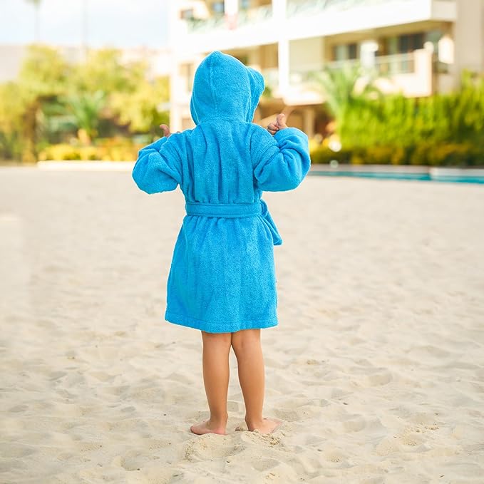 BAGNO MILANO Kids Organic Turkish Cotton Hooded Beach Cover-Up Towel, GOTS Certified, for Boys and Girls (Blue, 5-6 Years)