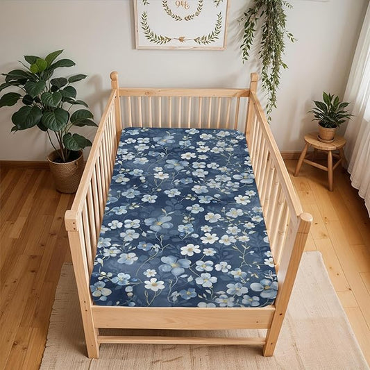Wonderful Flowers Baby Crib Sheets for Boy Girl 52x28Inch Vintage Blue Floral Soft Stretchy Fitted Crib Mattress Cover Spring Summer Nursery Baby Sheet for Standard Crib and Toddler Bed Mattresses