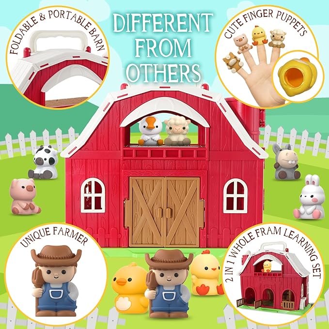 Toys for 1 2 3 Years Old Boys and Girls, Big Barn Playset with Farm Animal, Preschool Montessori Toy, Farm Playset with Big Red Barn & Farmer, Christmas & Birthday Gift Toy for Kids