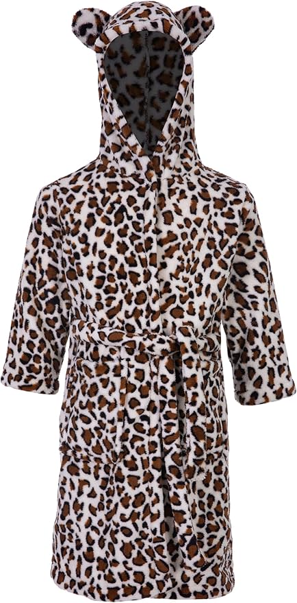 Kids Toddler Cartoon Hooded Plush Robe Leopard Pajamas Fleece Bathrobe Children Sleepwear