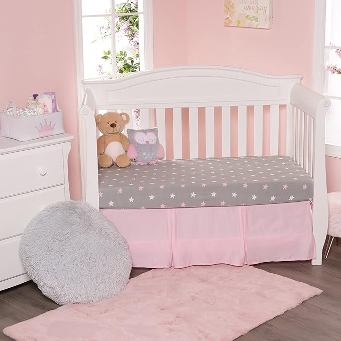 2 Pack Fitted Crib Sheets for Girls in 100% Jersey Knit Cotton – Girl’s Crib Mattress Sheets with a Nature Theme of Owls with Purple and Pink Hearts and a Gray Sheet with Pink Hearts by Everyday Kids