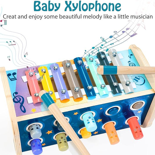 KIDWILL Montessori Pounding Toy for 1 2 Year Olds Wooden Hammering & Activity Board with Xylophone, Number Maze, Pounding Bench Educational Toddler Gift Toys Age 1-3