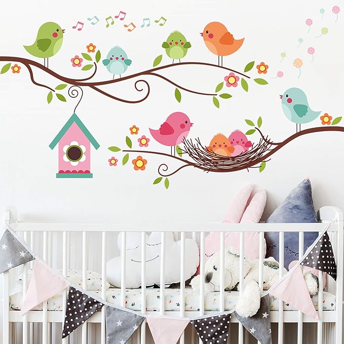 ROFARSO Colorful Cute Cartoon Lovely Birds Singing On The Branch with Flowers Wall Stickers for Kids Removable Wall Decals DIY Decorations for Nursery Baby Boys Girls Bedroom Playroom Living Room…