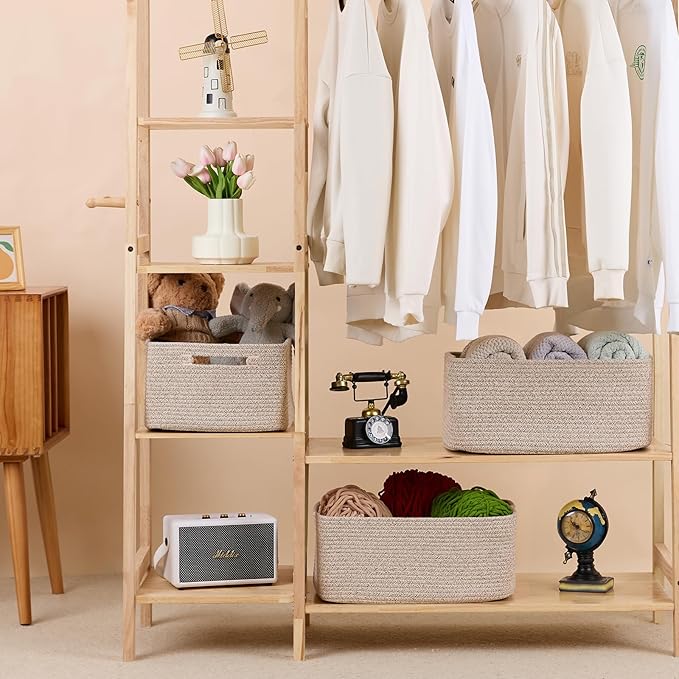 MiniArk Large Storage Baskets for Shelves, Closet Organizers Bins for Clothes Blanket Towels, Baby Nursery, Toy Baskets Box, Woven Rope Baskets, 17 x 13 x 7.5”, 3 Packs Mixed Brown