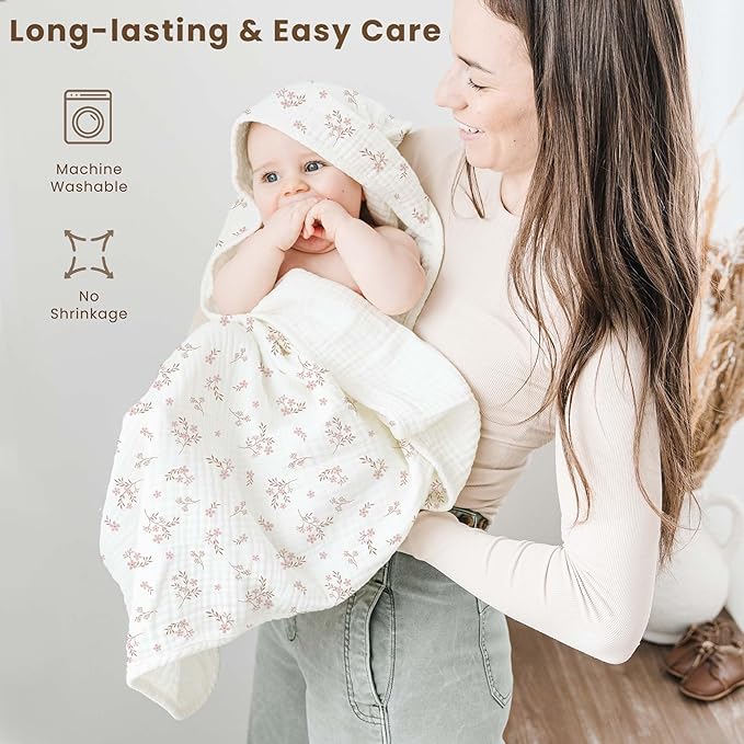 Konssy 2-Pack Muslin Hooded Baby Towels, 100% Cotton, Ultra-Soft & Absorbent Baby Bath Towels with Hood for Newborn & Infant (Taupe,Soft Blooms,32" x 32")