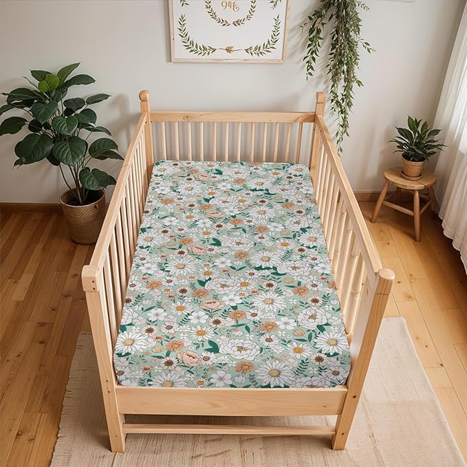 Spring Boho Floral Baby Crib Sheets for Boy Girl 28"x52" Neutral Green Flowers Leaves Soft Stretchy Fitted Crib Mattress Cover Pastel Peony Daisy Nursery Baby Sheet for Crib & Toddler Bed Mattresses