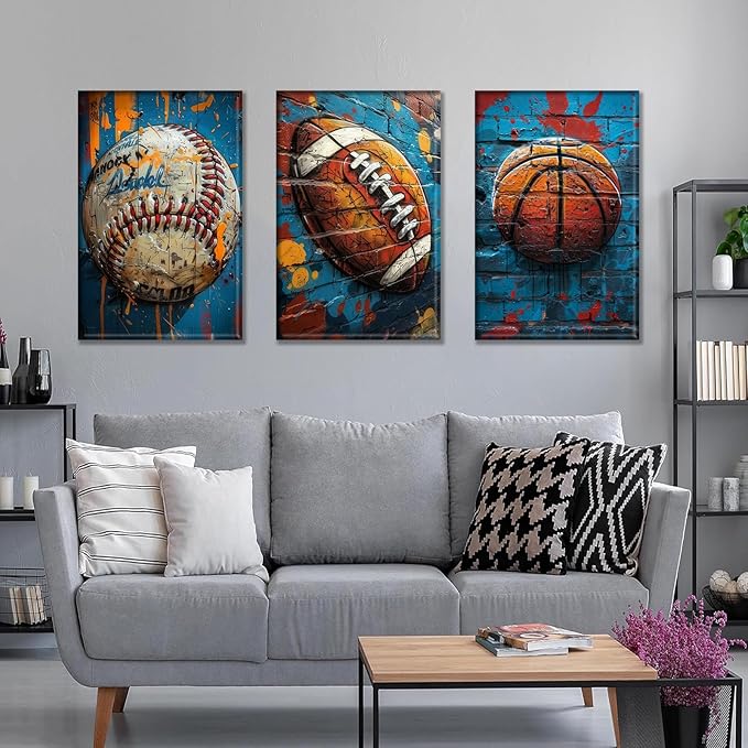 3Pcs Graffiti Sport Canvas Wall Art Trendy Cool Pop Wall Decor Colorful American Football Baseball Basketball Posters Pictures Inspirational Painting Inspirational Boy Room Prints Framed