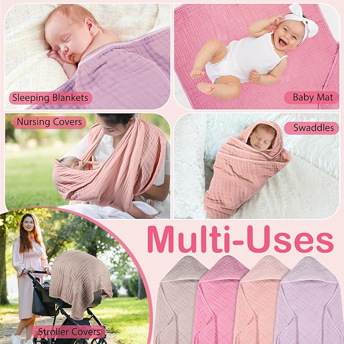 Peryiter 4 Pcs Muslin Hooded Baby Towels, 32x 32'' Cotton Newborn Bath Towel Muslin Infant Baby Blankets Absorbent Unisex Christmas Registry Gift Essentials for Girls Boys (Pink Series)