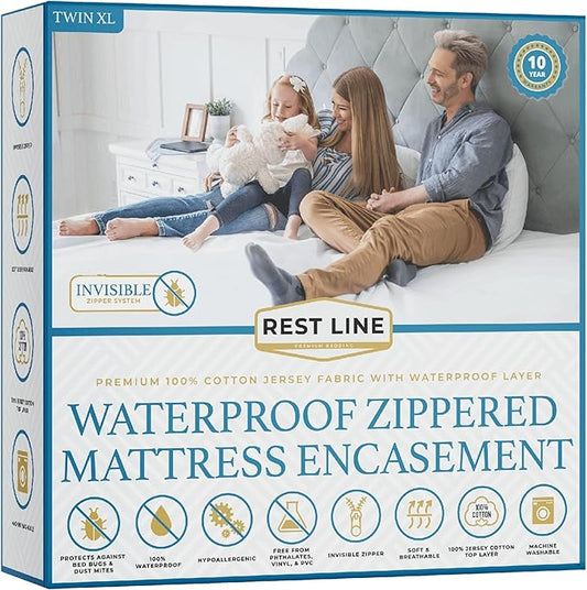Twin XL Size 39x80” Premium Waterproof Zippered Mattress Encasement, 100% Cotton, Hypoallergenic, Six Sided Mattress Cover, Invisible Zippered, Soft Breathable up to 15" Deep - Rest Line