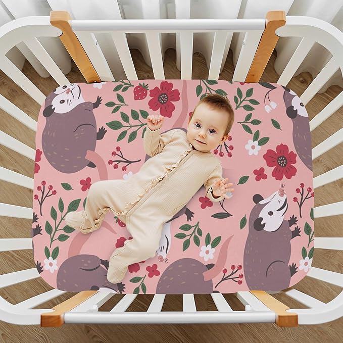 Opossum Possum Pink Crib Sheets Soft Breathable Fitted Baby Crib Sheets Mattress Cover for Girl Boys, 52" x 28" x 9"