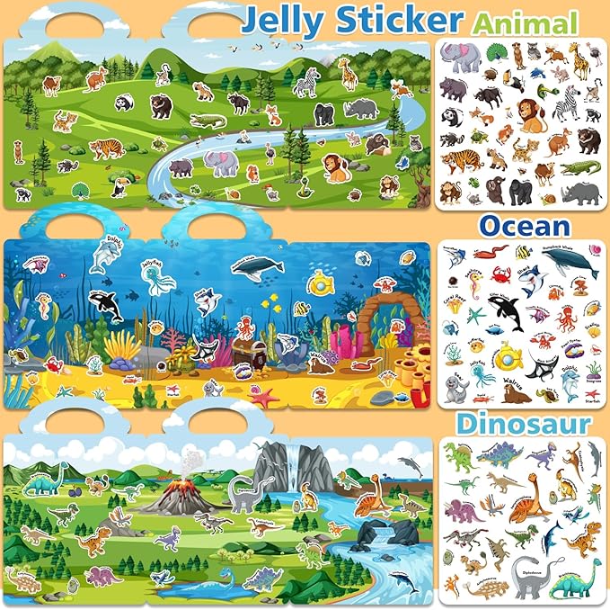 6 Sets Reusable Sticker Book for Toddlers 3-6, Jelly Sticker Books for Toddler, Travel Sticker Activity Toys for Kids 3 4 5 6 Years Old Girls & Boys