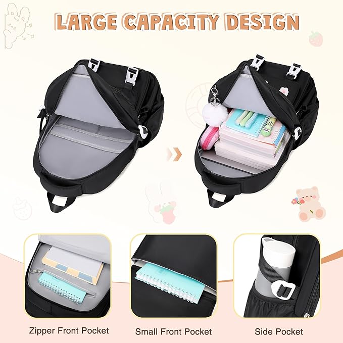 DIGOBAY 3PCS Girls Backpack for School, Kids Backpack for Girls with Lunch Box Pencil Case Set for Teen Girl Elementary Primary Middle High College School Bookbag with Cute Pins (Black)